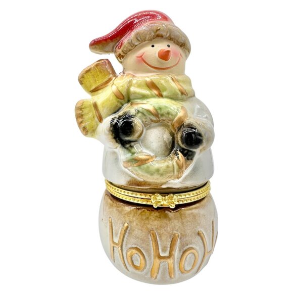 Snowman Limoges Trinket Box Porcelain Gold Accents Hinged Lid Ho Ho Ho Design - Picture 1 of 8